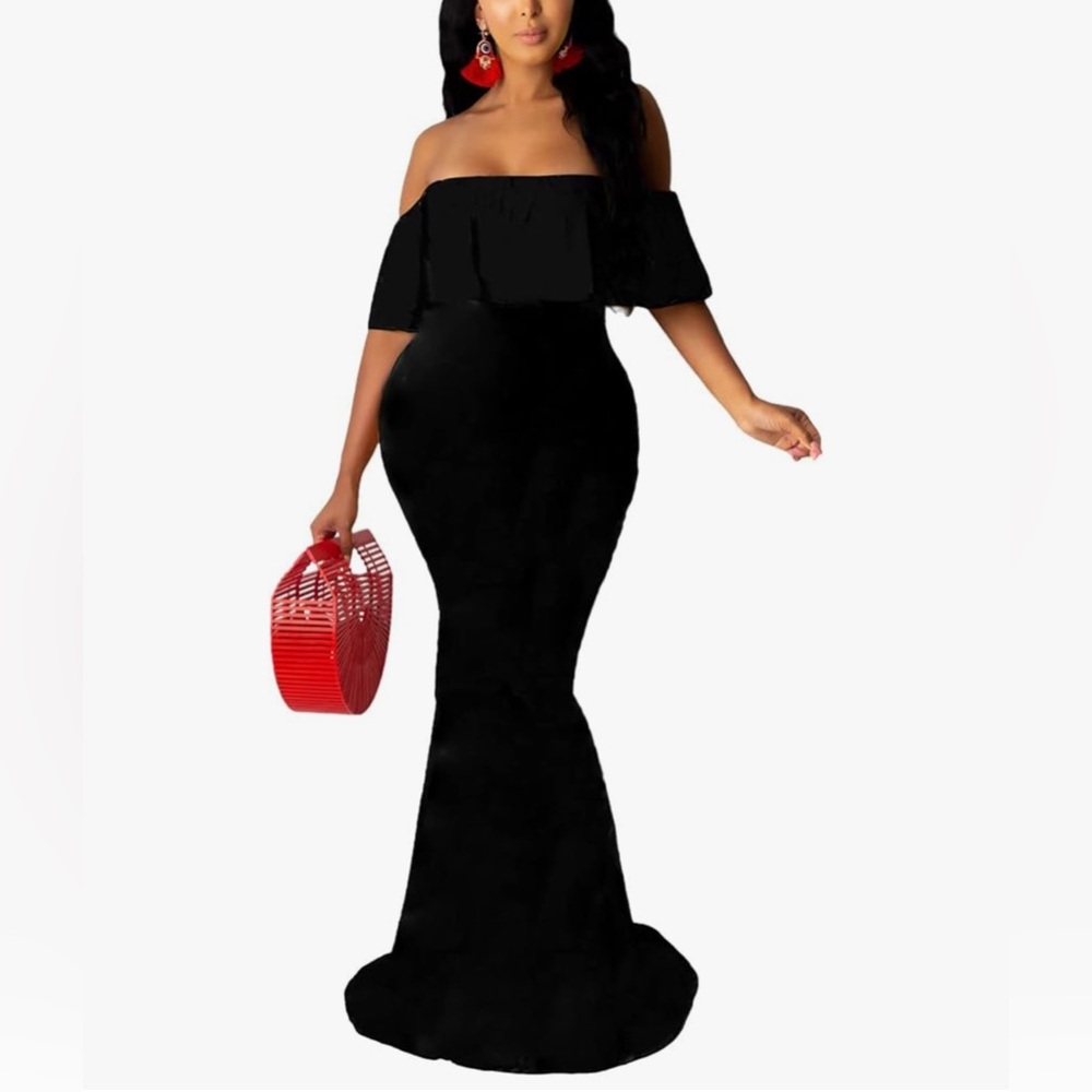 NEW Off The Shoulder Maxi Dress Black Ruffle Evening Party Long Dress Size L - Picture 3 of 12